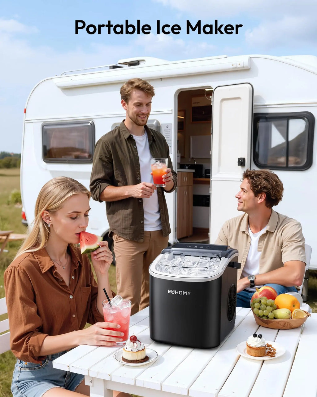 EUHOMY countertop ice maker in black, featuring a handle, basket, and scoop, producing 26lbs of ice in 24 hours.