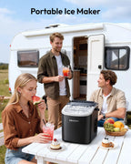 EUHOMY countertop ice maker in black, featuring a handle, basket, and scoop, producing 26lbs of ice in 24 hours.