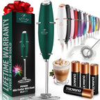 Zulay handheld milk frother in silver, featuring a titanium motor for frothing coffee, lattes, and matcha drinks.