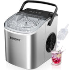 EUHOMY black countertop ice maker machine with handle, producing 26 lbs of ice in 24 hours, shown with basket and scoop.