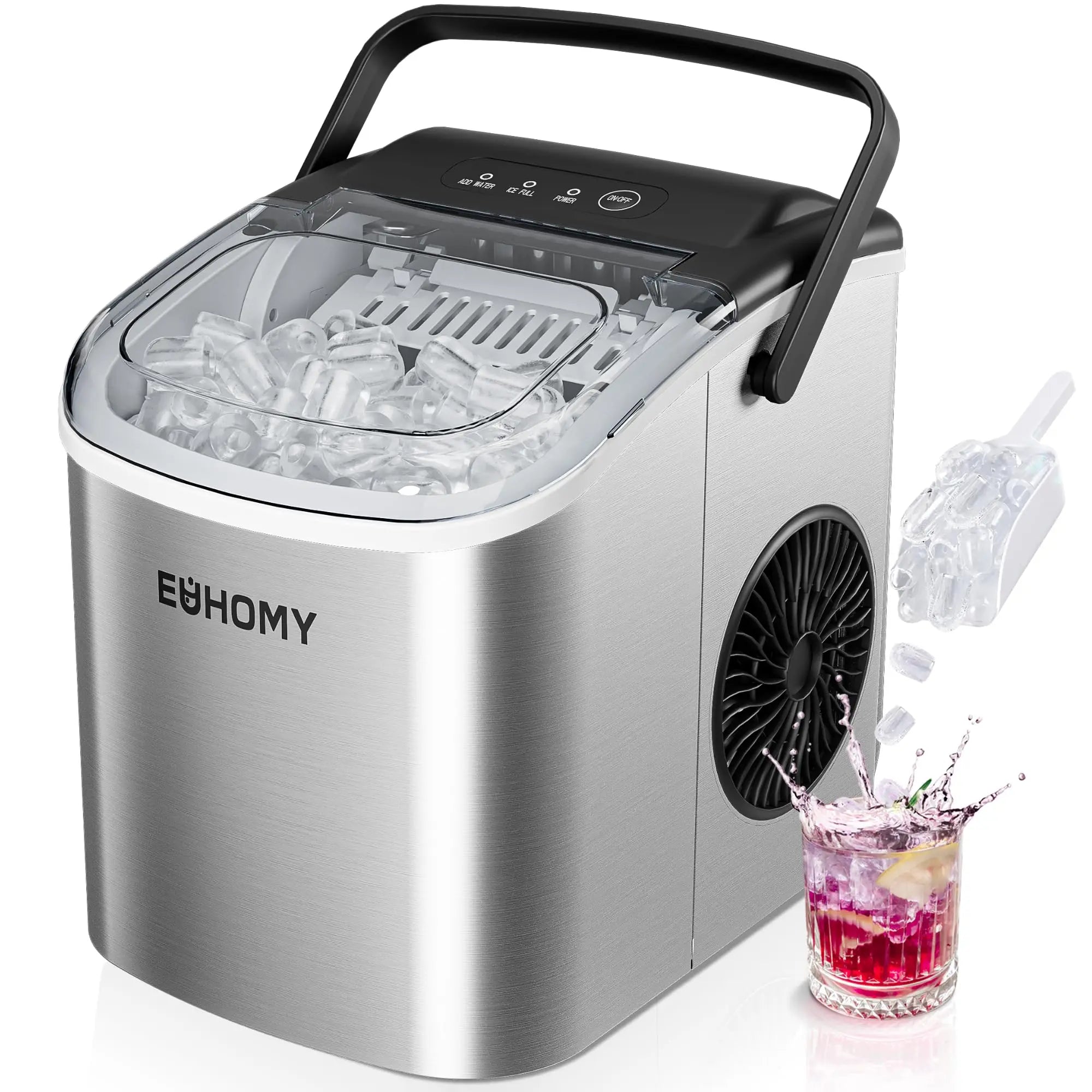 EUHOMY black countertop ice maker machine with handle, producing 26 lbs of ice in 24 hours, shown with basket and scoop.