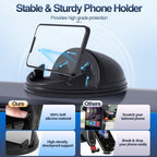 Black Loncaster car phone holder on a dashboard, securely holding an iPhone and GPS devices with a slip-free silicone mat.