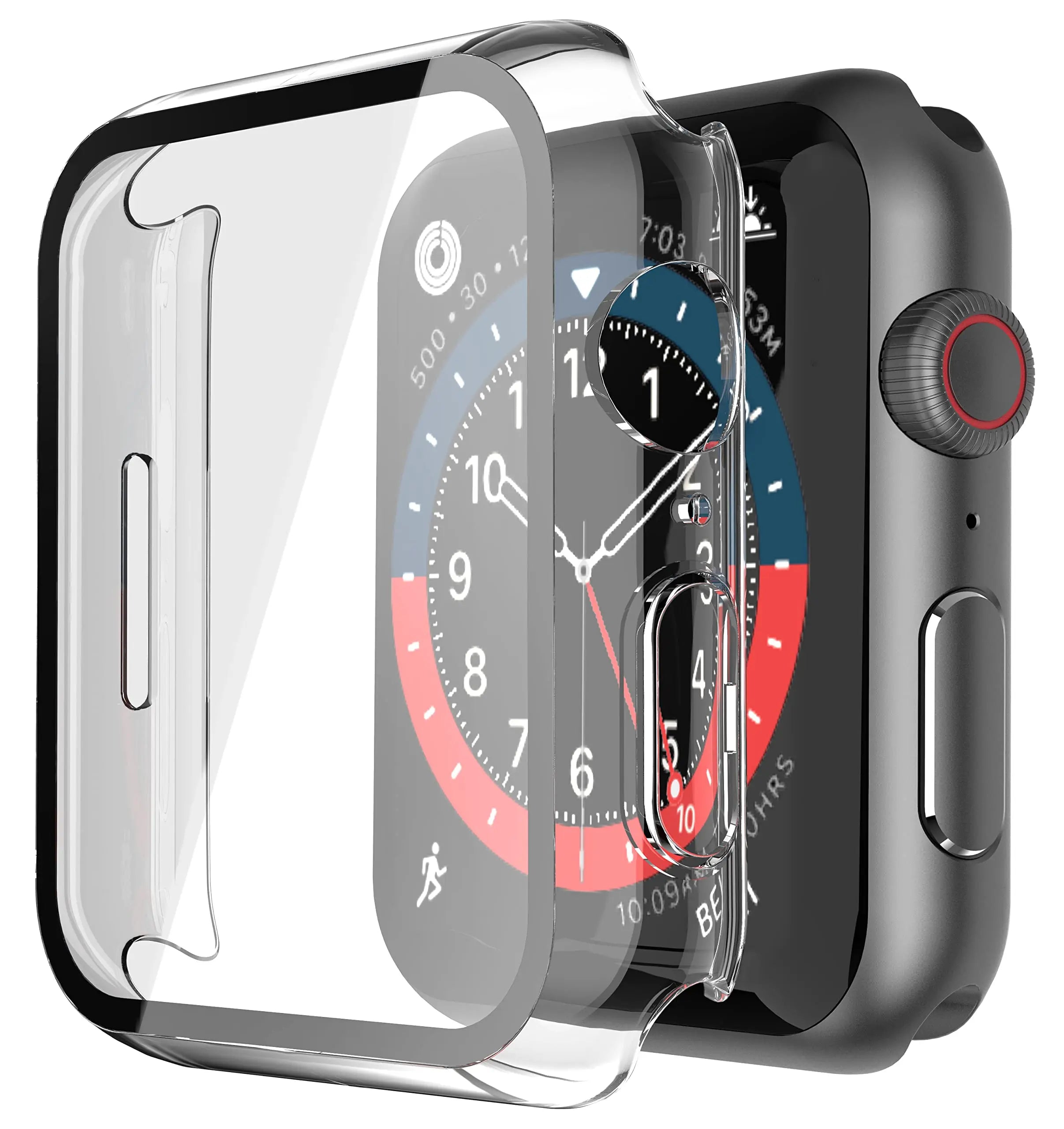 Misxi tempered glass case for Apple Watch Series 11 and 10, 46mm, black screen protector cover displayed on a watch.