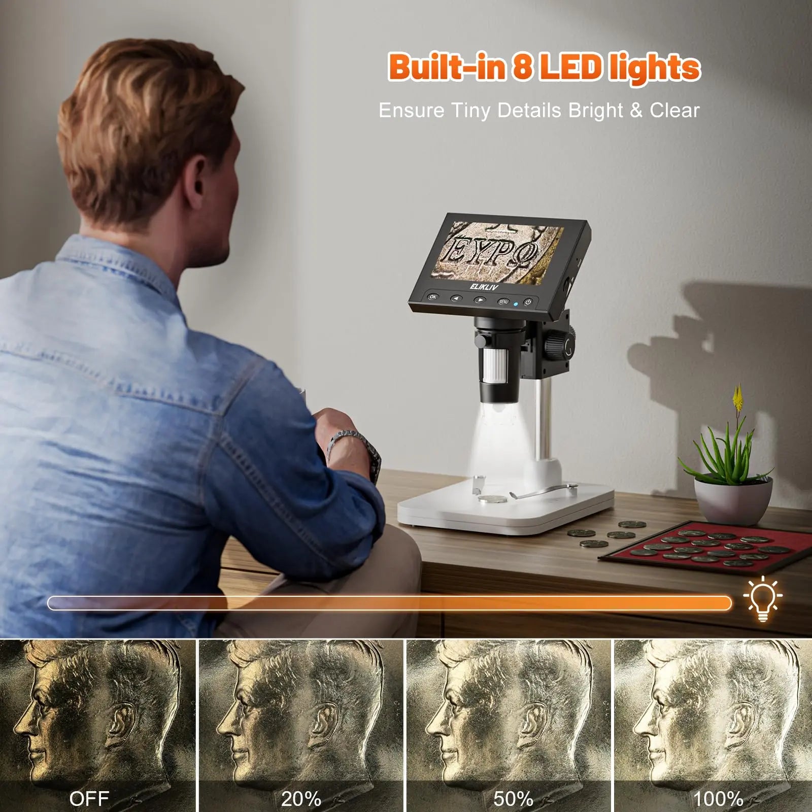 Elikliv LCD digital coin microscope with 1000x magnification and 8 LED lights, featuring a 4.3-inch display.