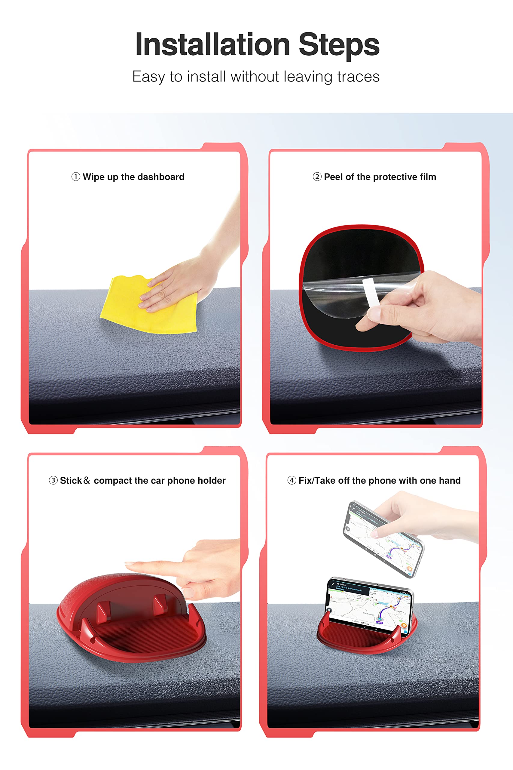 Loncaster black car phone holder on a dashboard, securely holding an iPhone and GPS devices with a slip-free mat design.