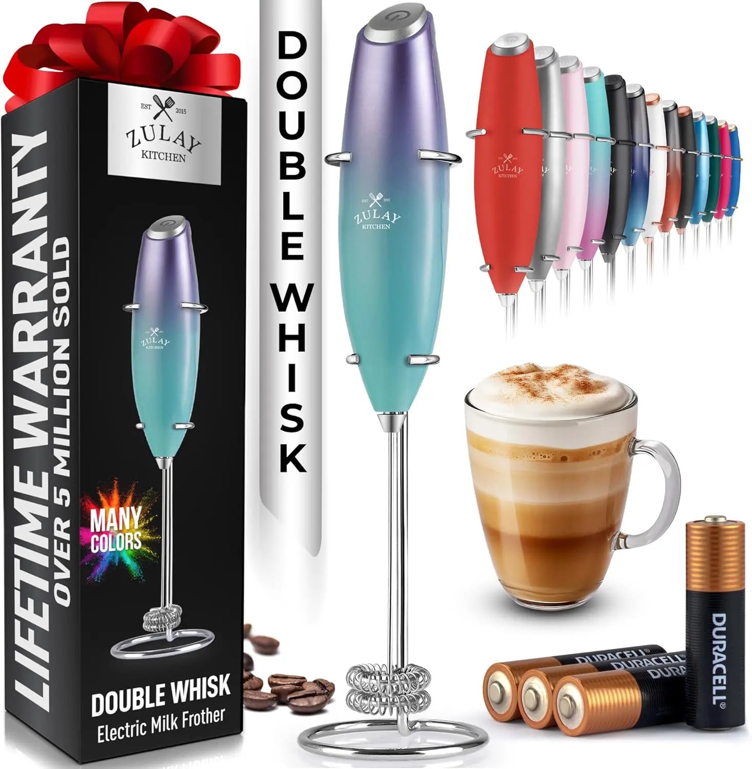 Zulay handheld milk frother in silver with upgraded titanium motor, perfect for lattes, matcha, and coffee blending.