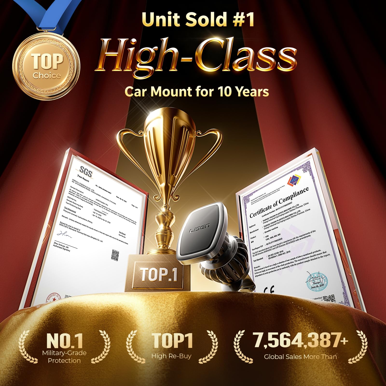 LISEN magnetic phone holder for car, black, featuring 6 strong magnets, securely holding Galaxy S25 Ultra and similar smartphones.