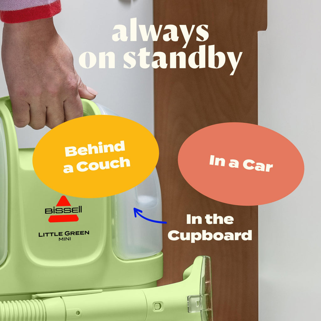BISSELL Little Green Mini Portable Carpet Cleaner in Tea Green with HydroRinse Tool and Tough Stain Tool for deep cleaning.