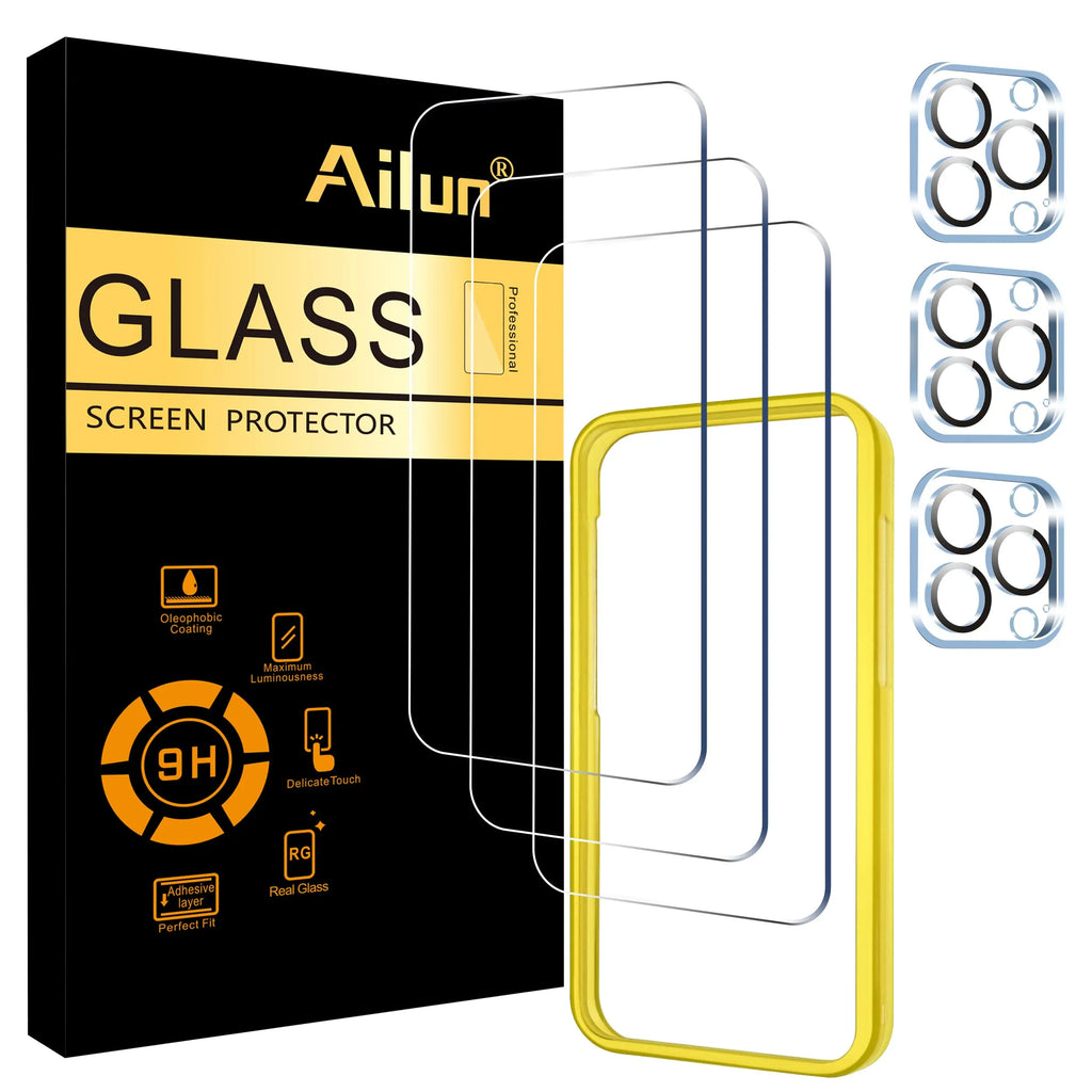 Ailun 3 pack screen protector and camera lens protector for iPhone 17 Pro Max, featuring installation frame and case compatibility.