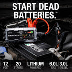 NOCO Boost GB40 jump starter with jumper cables, portable power bank for 6.0L gas and 3.0L diesel engines.